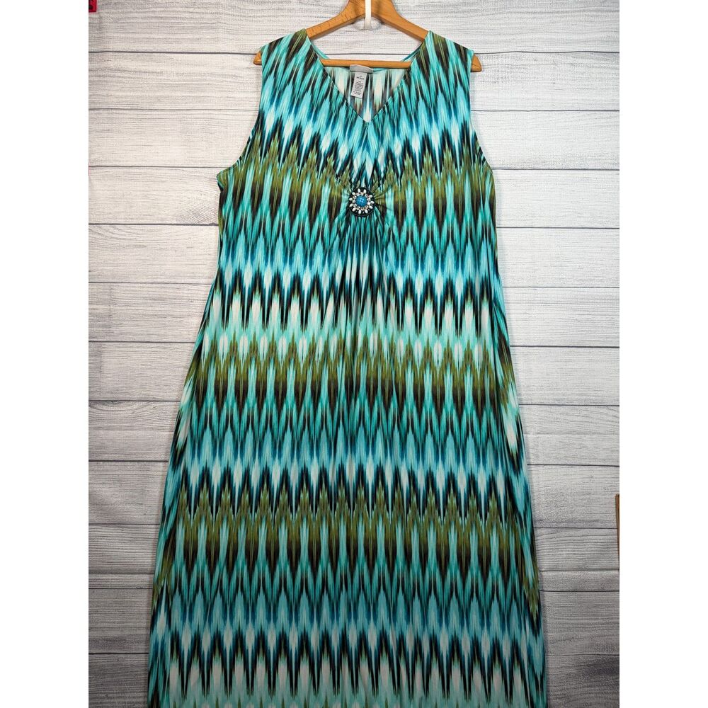 Catherines Women's 4X 30/32W Teal Ikat Embellished Maxi Dress 54" 4347
